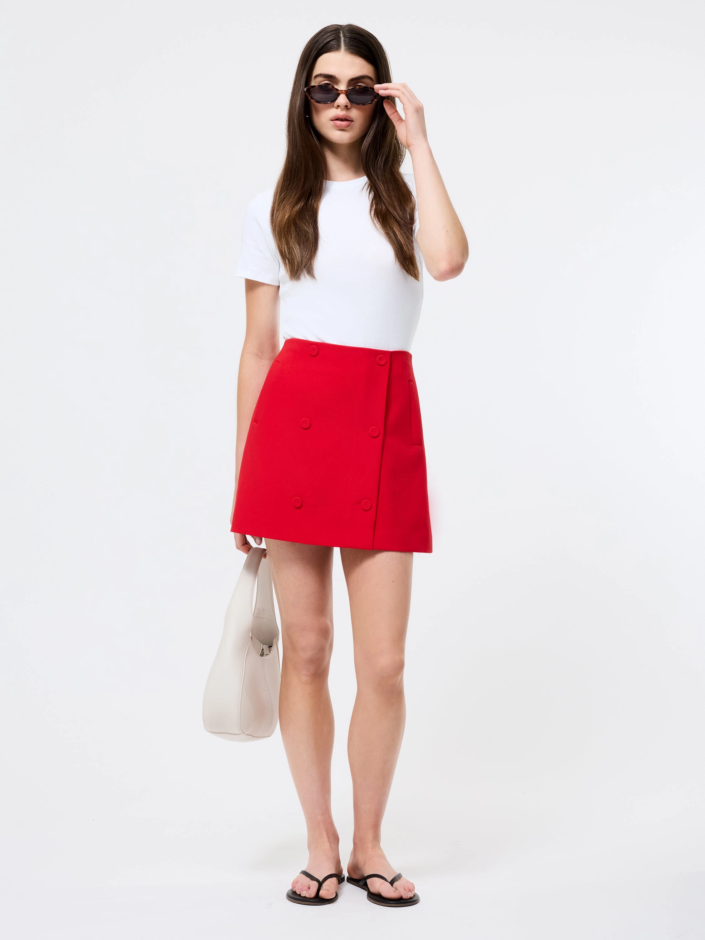 Azra Twill Double Breasted Mini Skirt Sheer Overlay