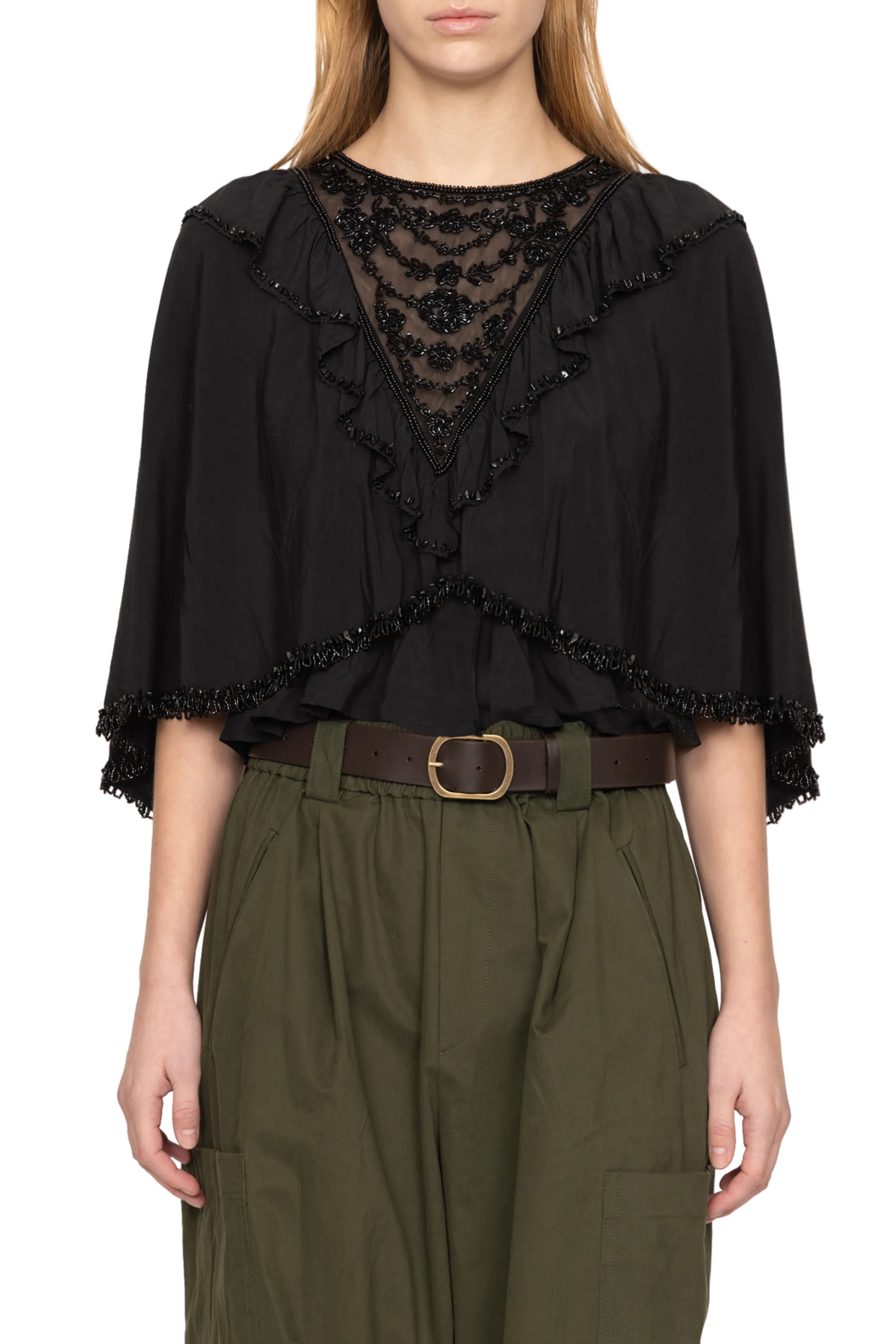 YarnBlend Linen Blend Fabric Shanna Lace Beaded Capelet Top