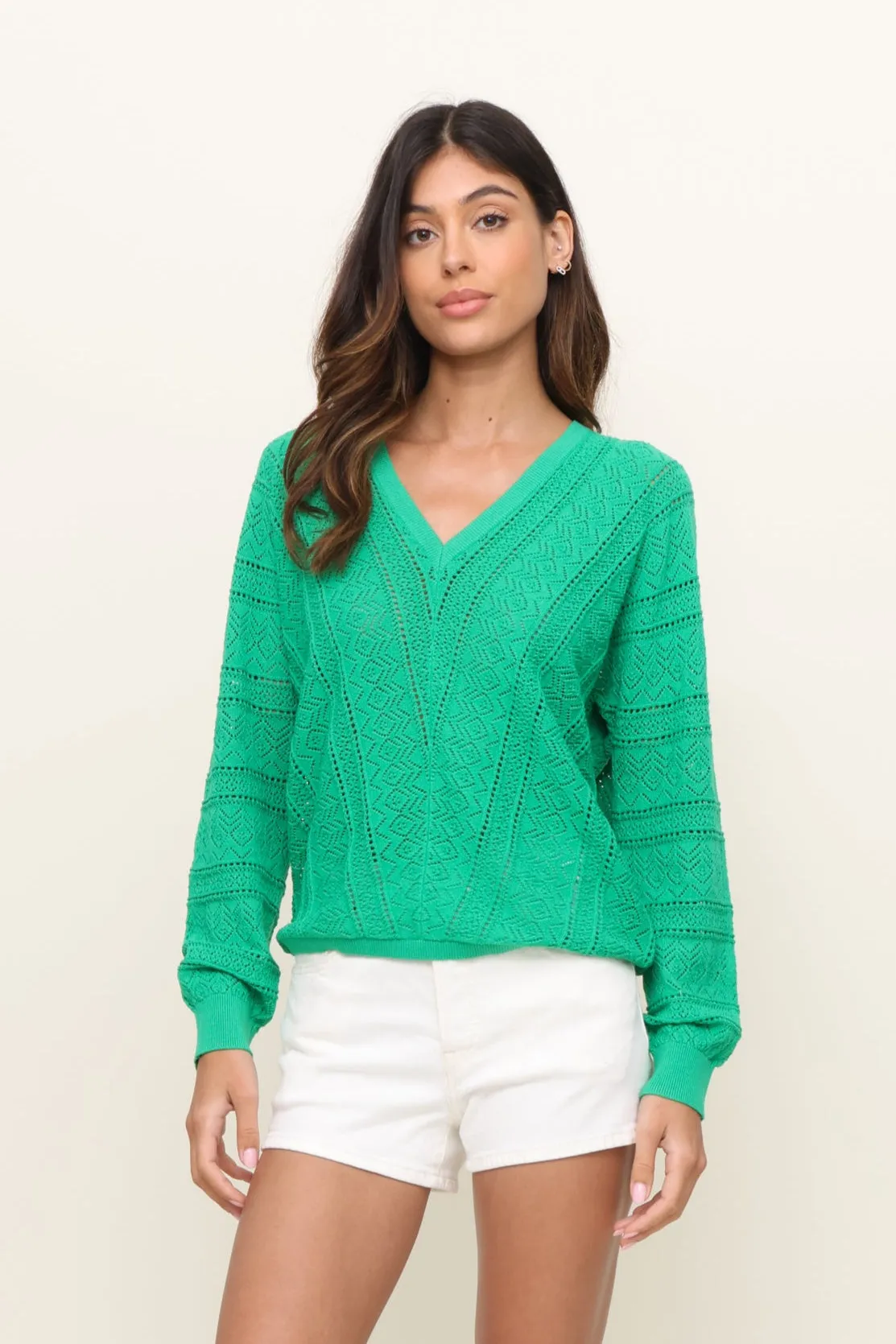 Sandwich Mesh Panel Structure V Neck Long Sleeve Open Stitch Sweater