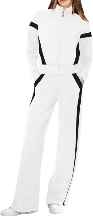 V-Neck Lounge Set for Women Women's Long Sleeved Zipper Stand Up Collar Sports Pants Set Long Sleeve 2 Piece Lounge