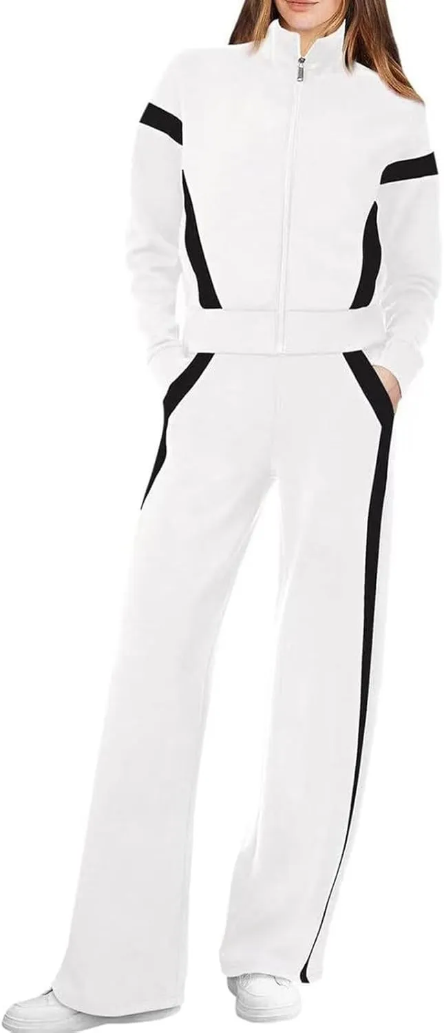 V-Neck Lounge Set for Women Women's Long Sleeved Zipper Stand Up Collar Sports Pants Set Long Sleeve 2 Piece Lounge