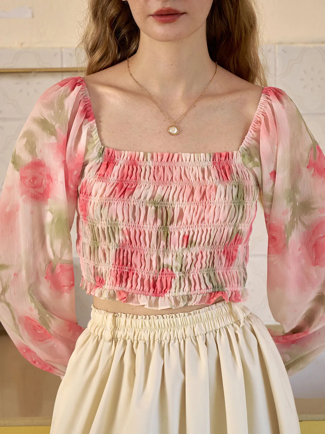 Double Chest Pocket TurtleneckDesign Vada Floral Print Off Shoulder Lantern Sleeve Blouse