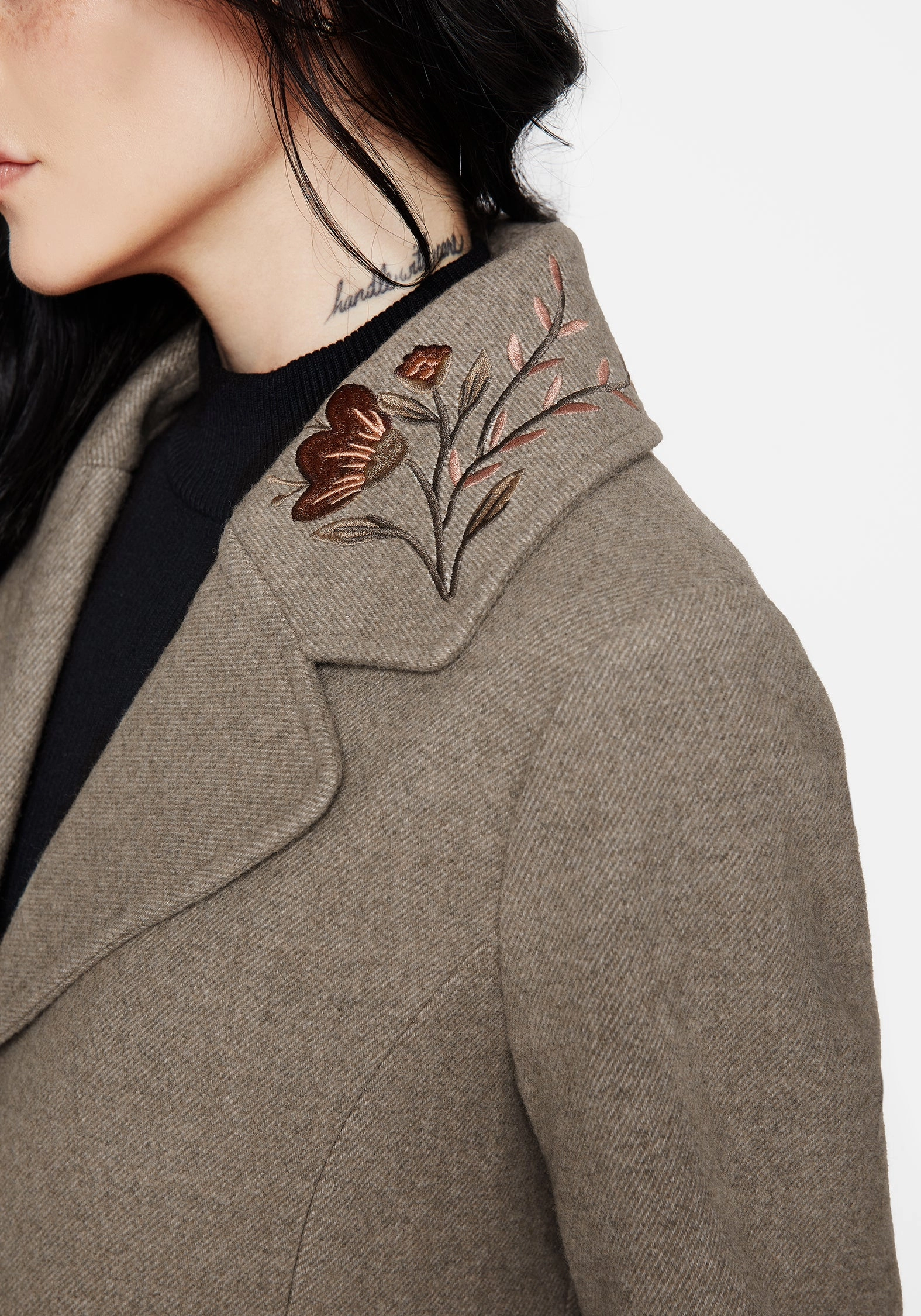 Valeria Floral Moth Embroidered Herringbone Longline Coat Teflon Coated