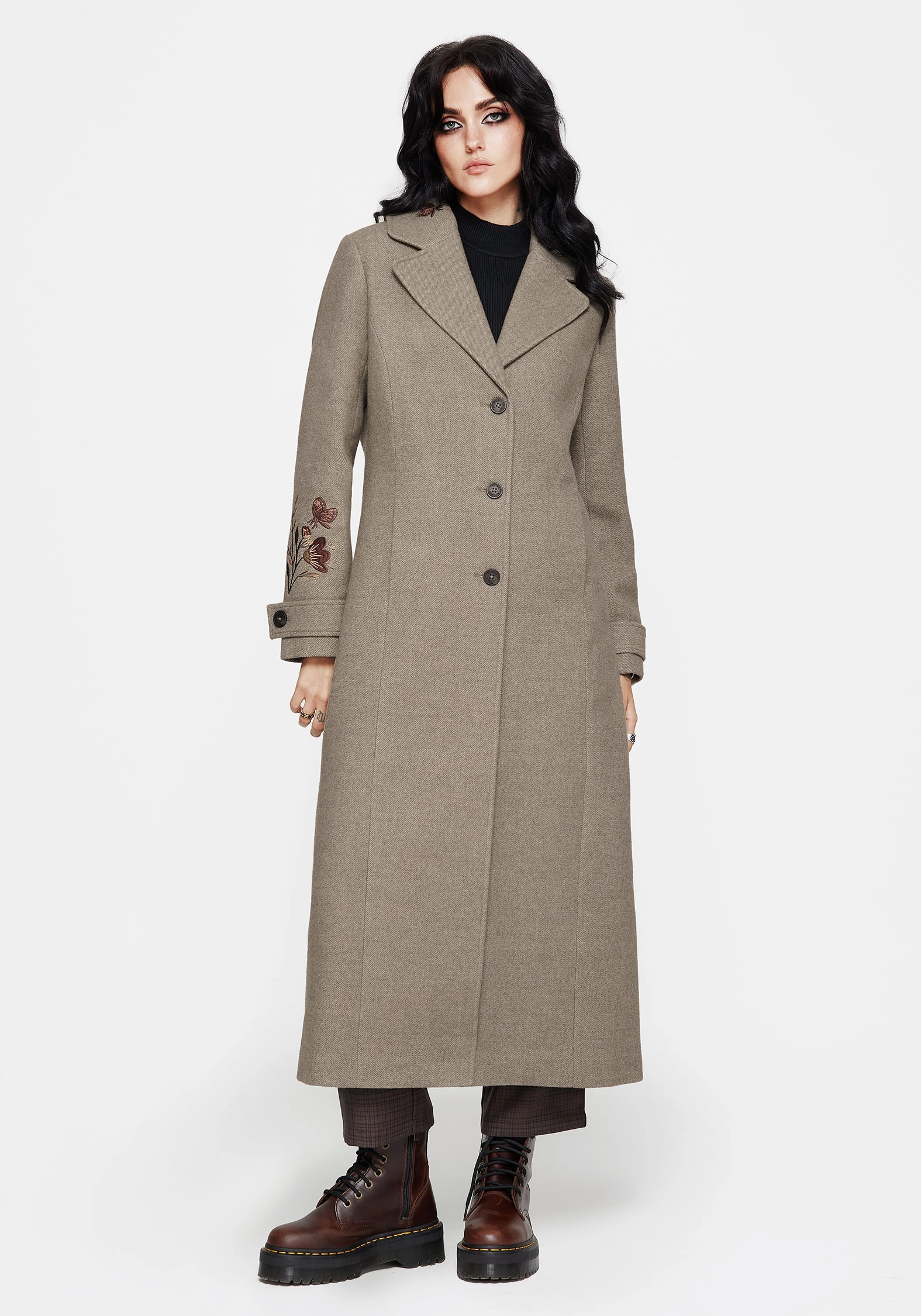 Odor Resistant Fabric Valeria Floral Moth Embroidered Herringbone Longline Coat