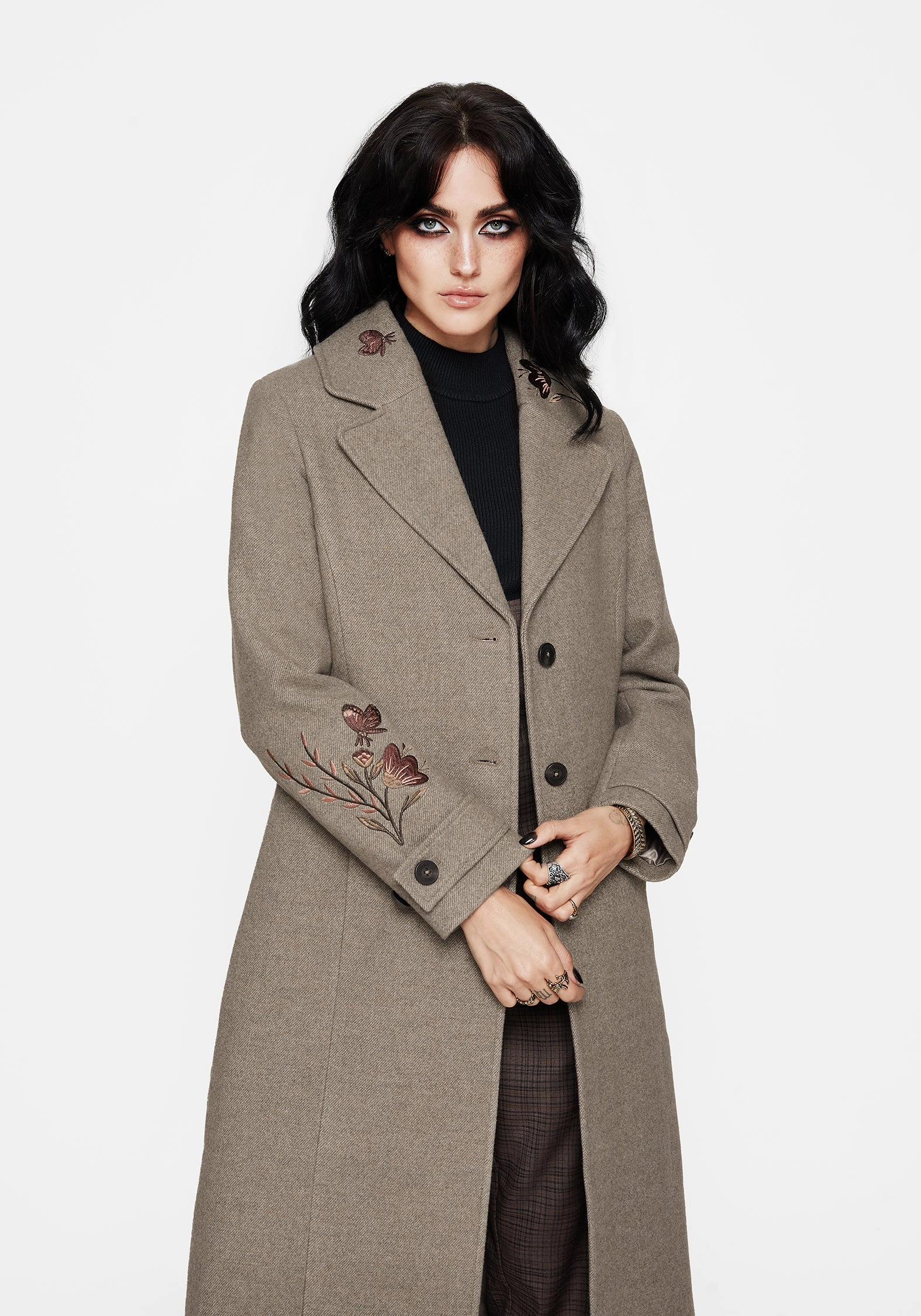 QuickRelease Buckles Valeria Floral Moth Embroidered Herringbone Longline Coat
