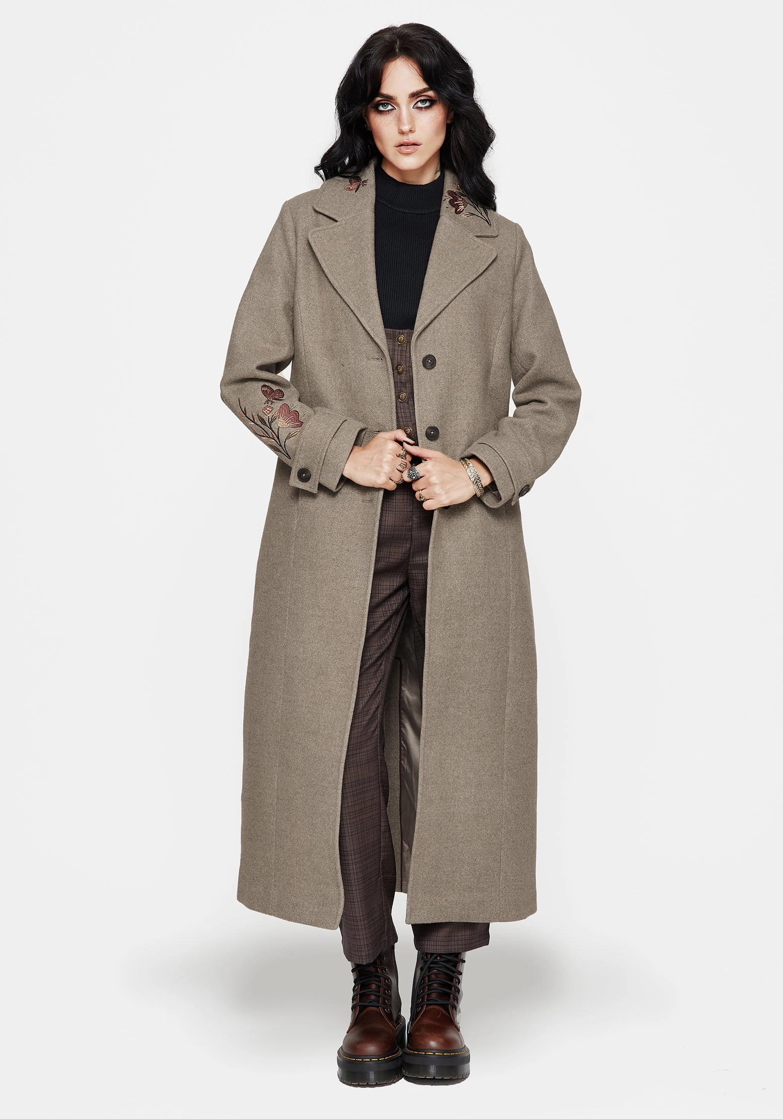 Valeria Floral Moth Embroidered Herringbone Longline Coat Temperature Regulating Membrane Crisp Detail