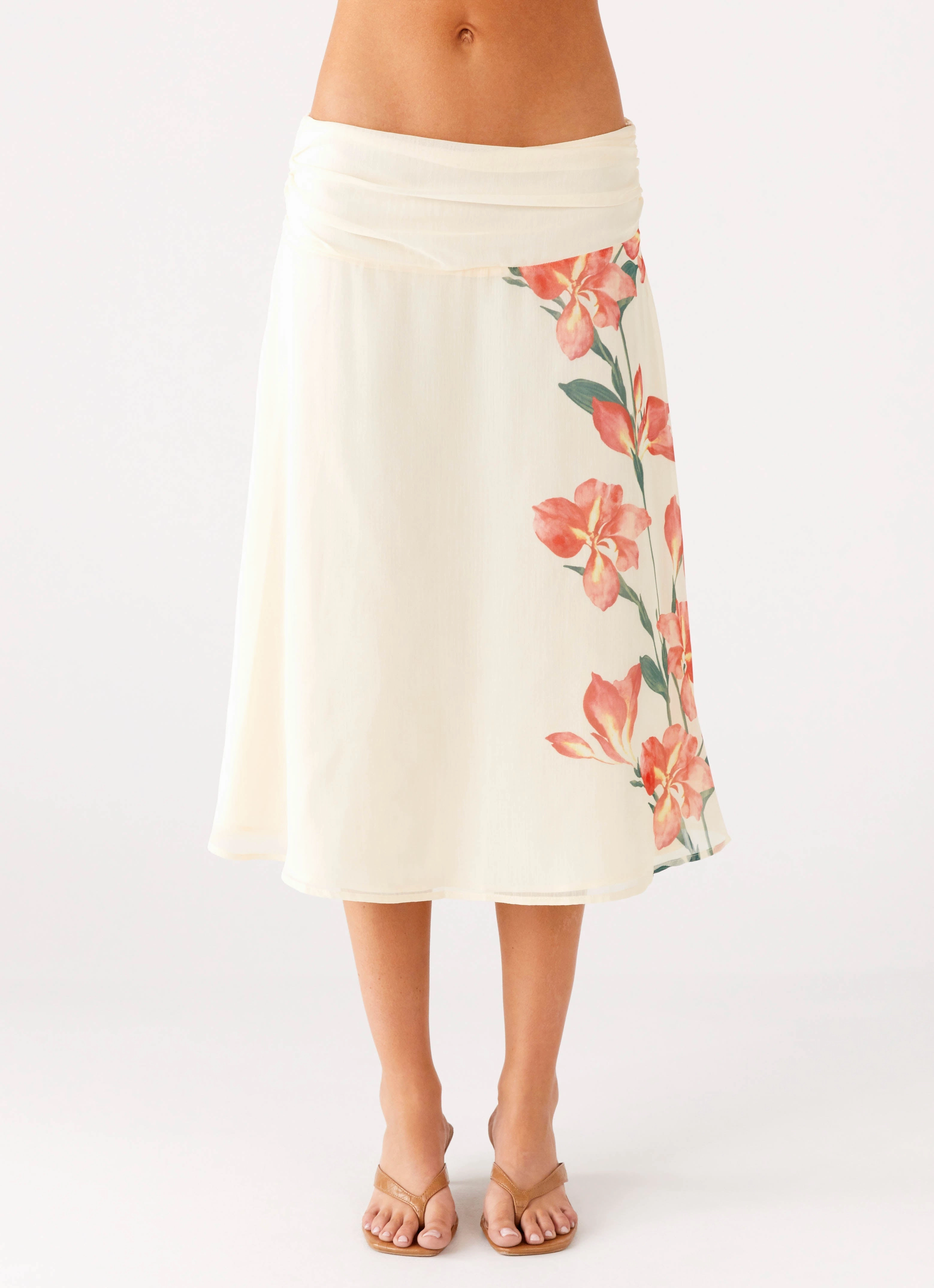 Valley Midi Skirt - Siena Floral Outfit Shot Asymmetrical Cut