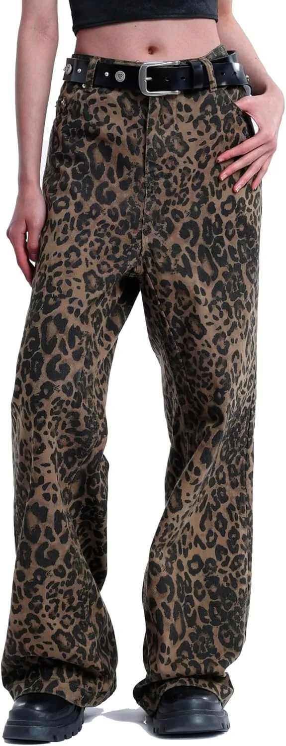 Vamtac Leopard Print Jeans for Women Y2k Leopard Straight Leg Trousers Baggy Cheetah Pants Streetwear
