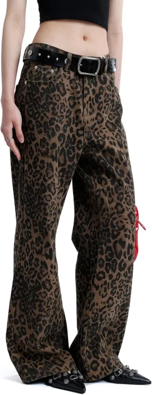 Vamtac Leopard Print Jeans for Women Y2k Leopard Straight Leg Trousers Baggy Cheetah Pants Streetwear