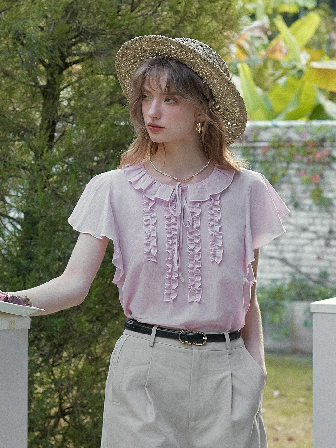 Contrast Stitch Detail Vanessa Round Collar Ruffle Sleeve Top