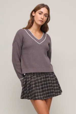 Two Tone Texture Effect Varsity V Neck Sweater
