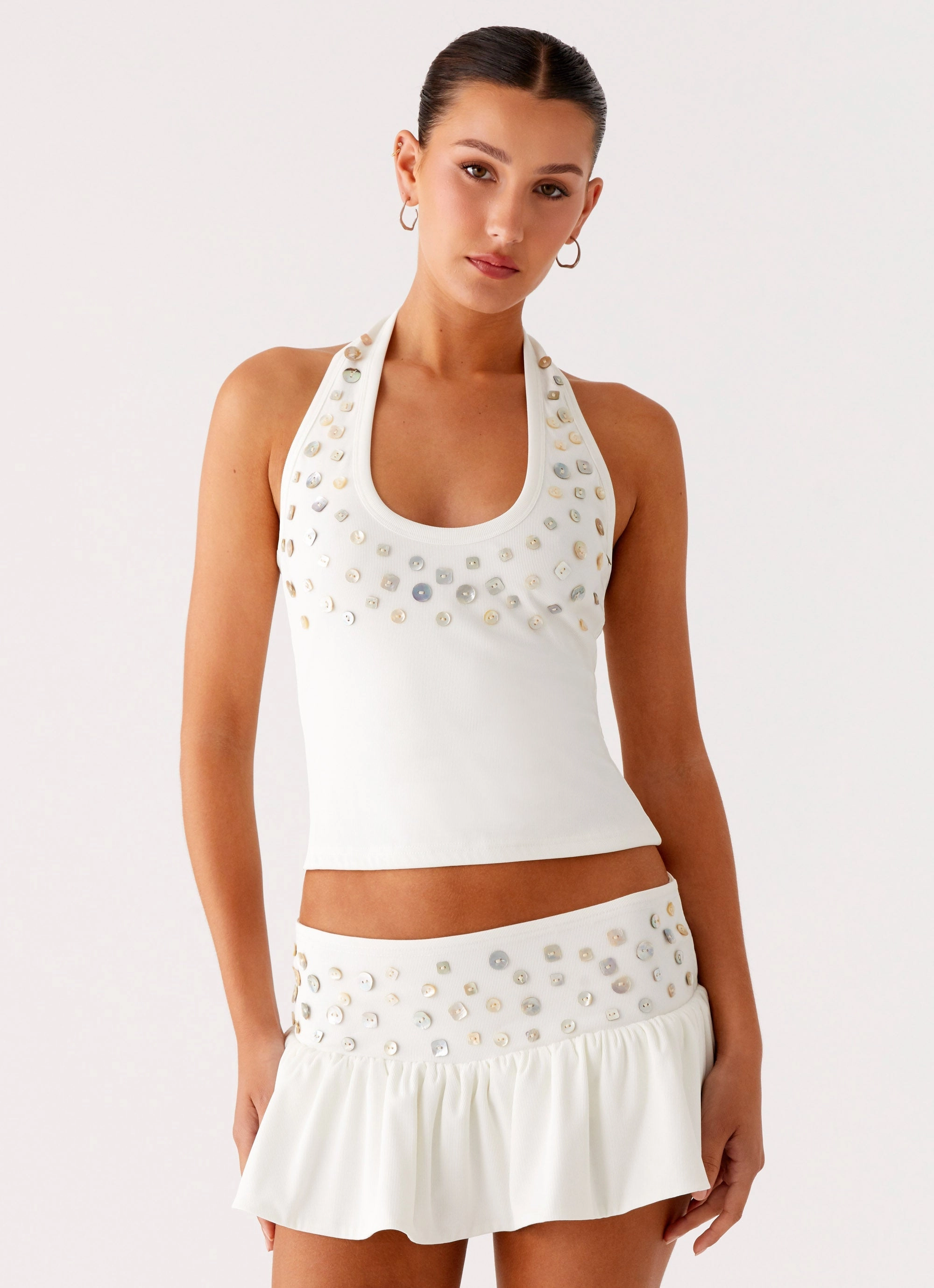 DoubleStitchedHem Vegas Nights Halter Neck Top - White