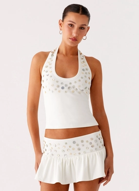 DoubleStitchedHem Vegas Nights Halter Neck Top - White