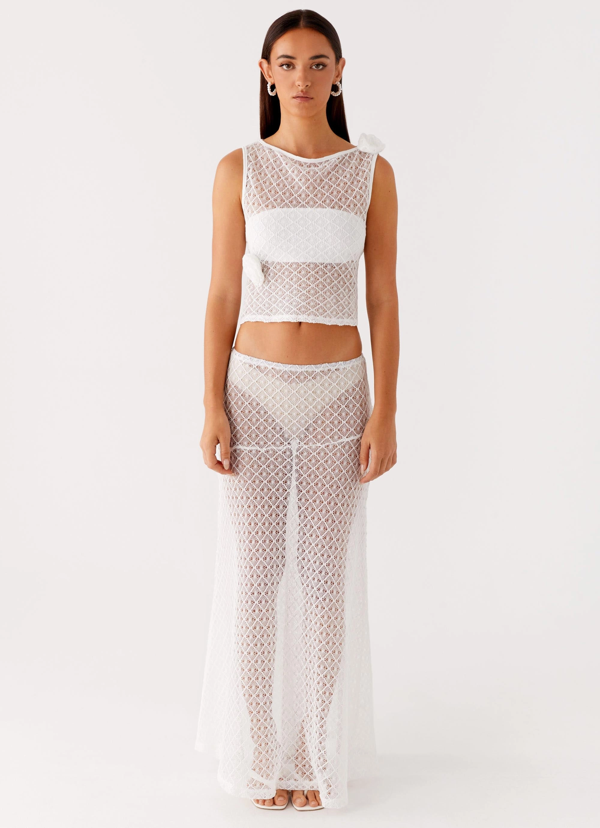 Velli Crochet Maxi Skirt - White Mid Length Pastel tone