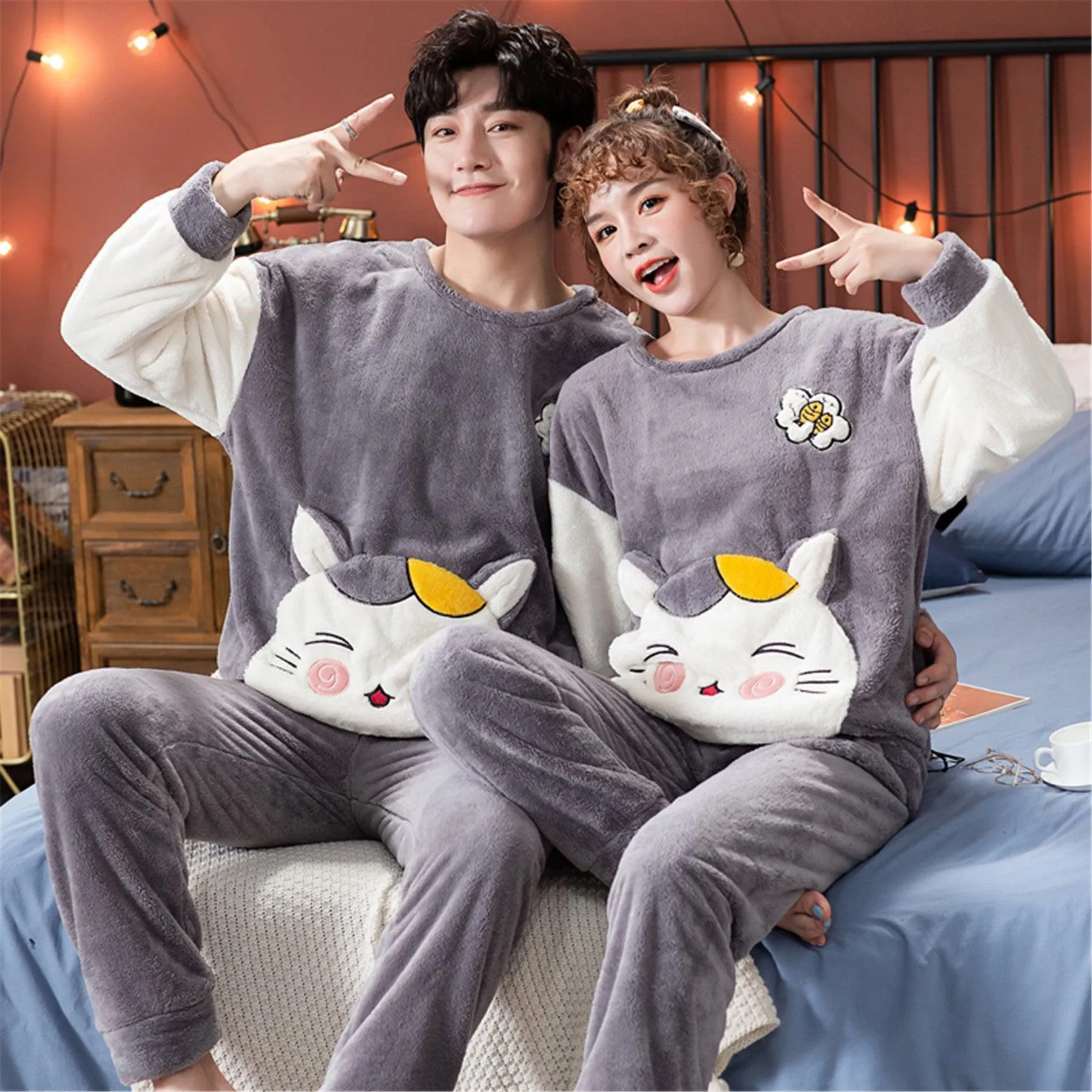 Velvet Couple Pajamas - Warm Korean Style Flannel Set