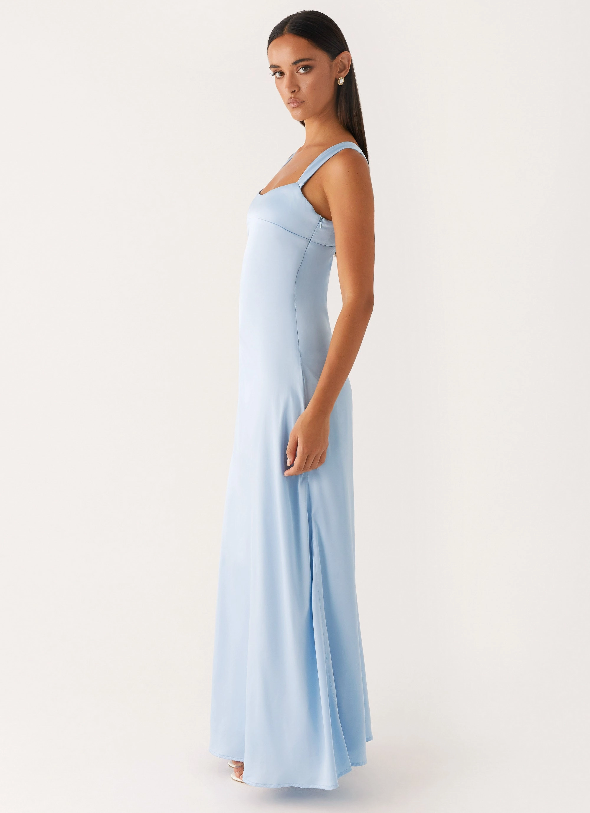 Flattering Waist Fit Versatile sundress Odette Satin Maxi Dress - Blue