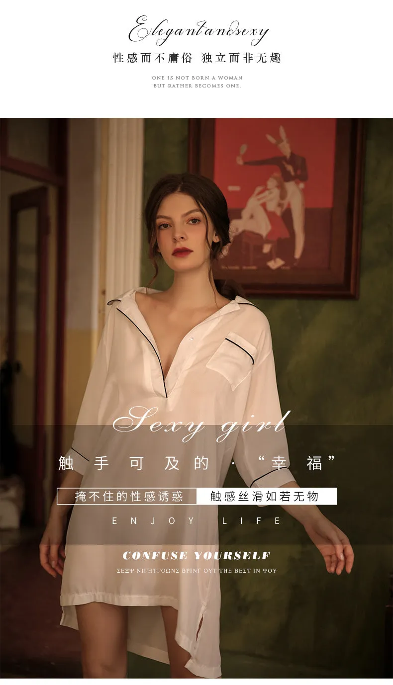 VenusFox boyfriend wind shirt sexy pajamas female sexy nightgown long white shirt thin loose temptation one generation