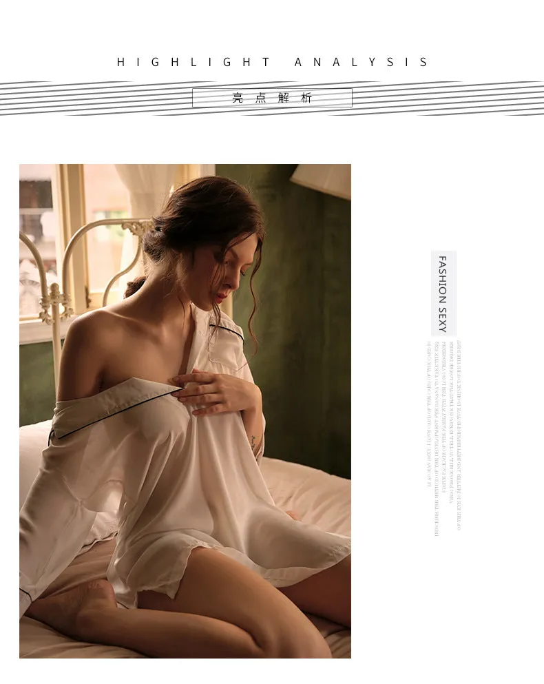 VenusFox boyfriend wind shirt sexy pajamas female sexy nightgown long white shirt thin loose temptation one generation