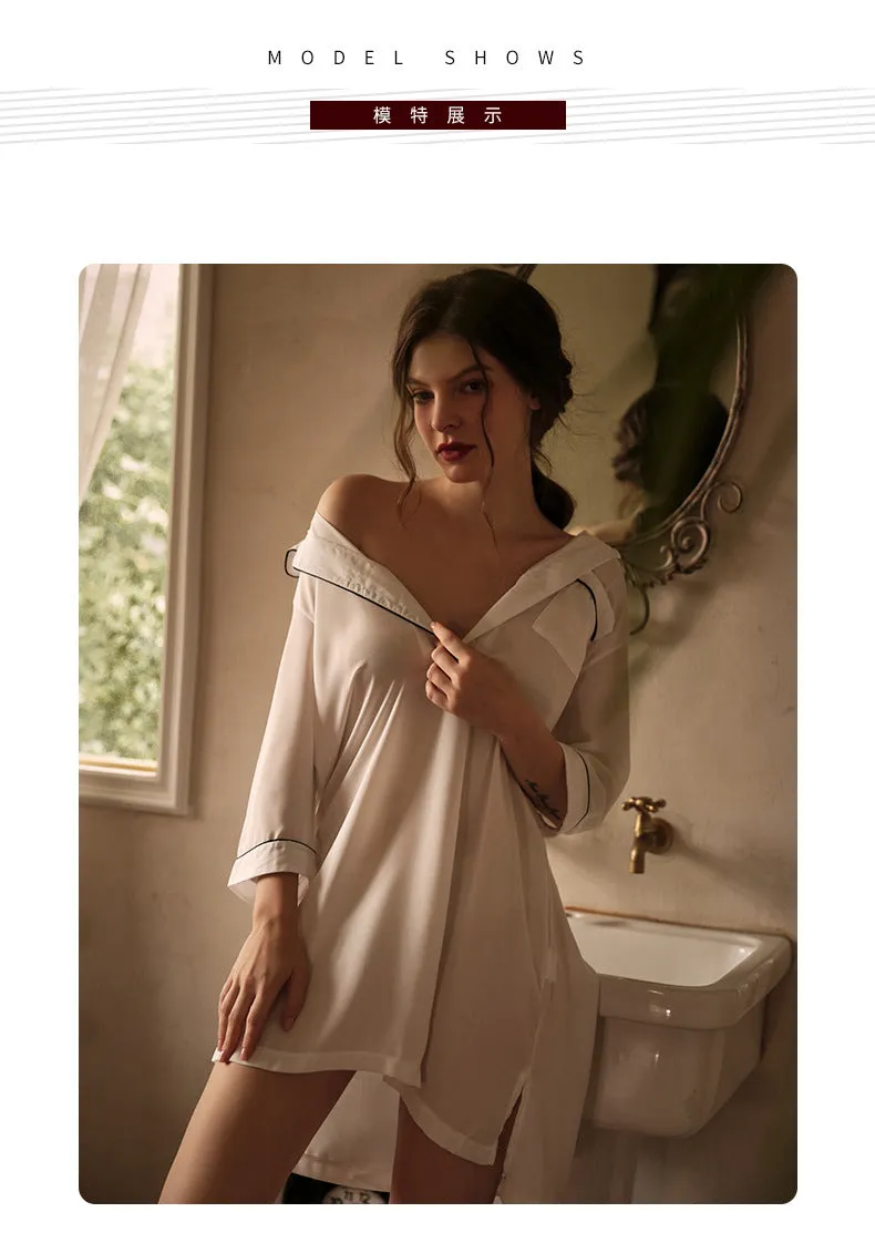VenusFox boyfriend wind shirt sexy pajamas female sexy nightgown long white shirt thin loose temptation one generation