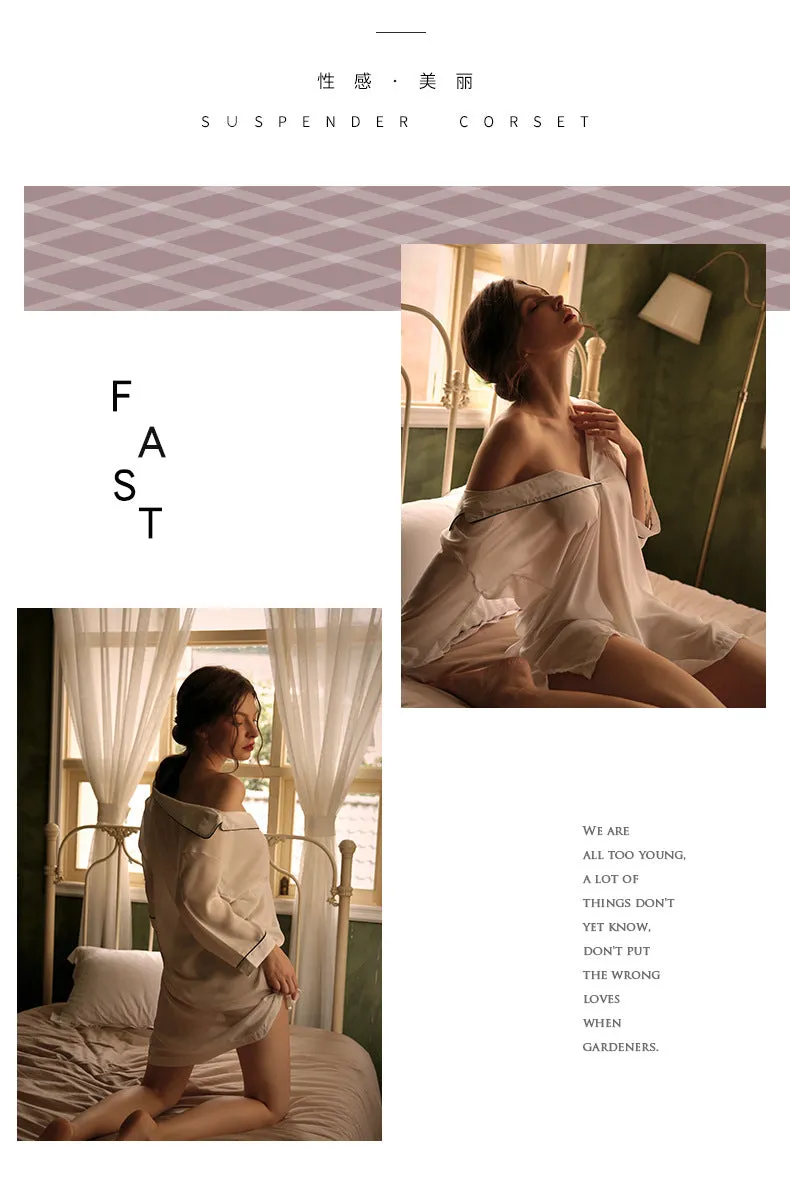 VenusFox boyfriend wind shirt sexy pajamas female sexy nightgown long white shirt thin loose temptation one generation