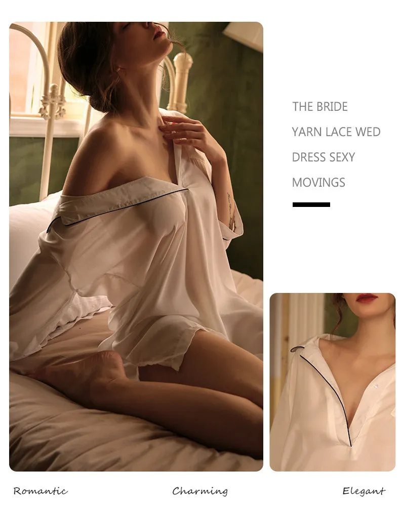 VenusFox boyfriend wind shirt sexy pajamas female sexy nightgown long white shirt thin loose temptation one generation