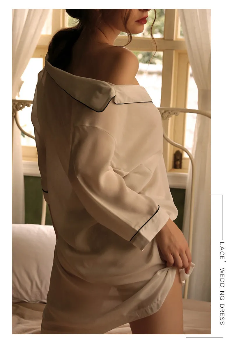 VenusFox boyfriend wind shirt sexy pajamas female sexy nightgown long white shirt thin loose temptation one generation