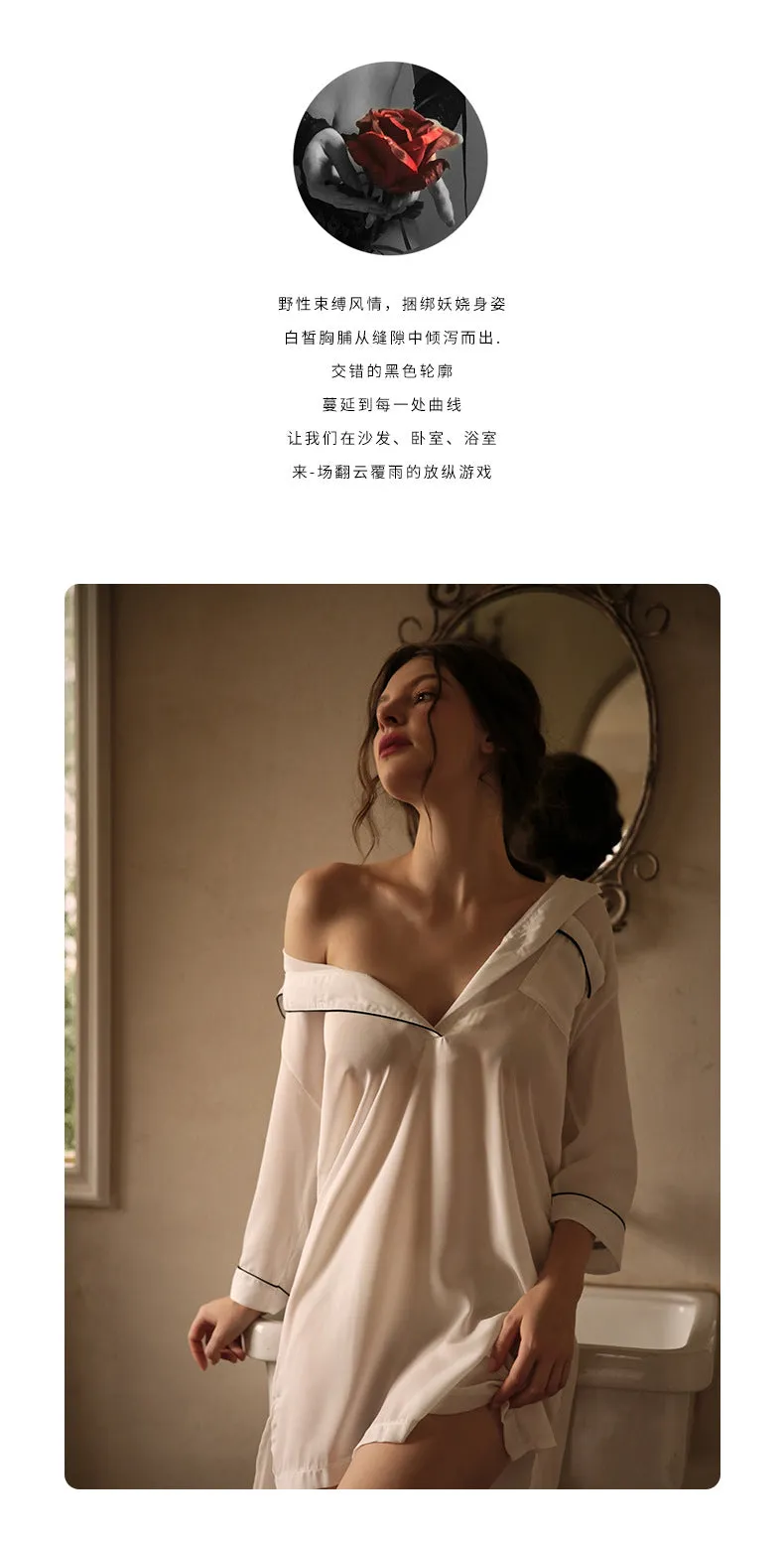 VenusFox boyfriend wind shirt sexy pajamas female sexy nightgown long white shirt thin loose temptation one generation