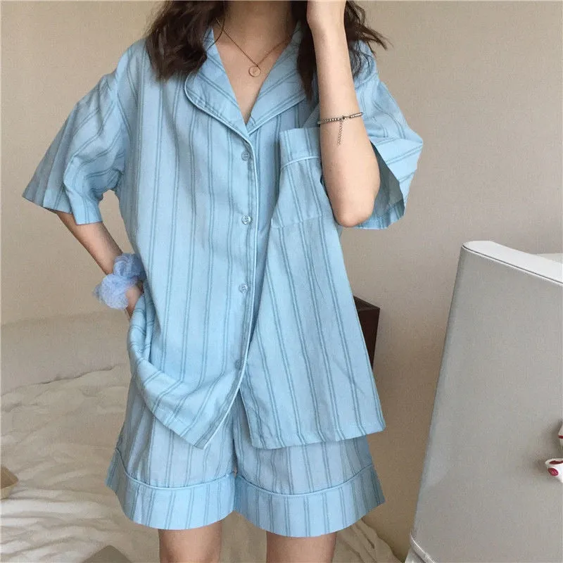 VenusFox Pajamas for Women Summer Korean Sweet Sleepwear Girls Striped Lapel Home Clothes Kawaii Plus Size Loose Ladies Set