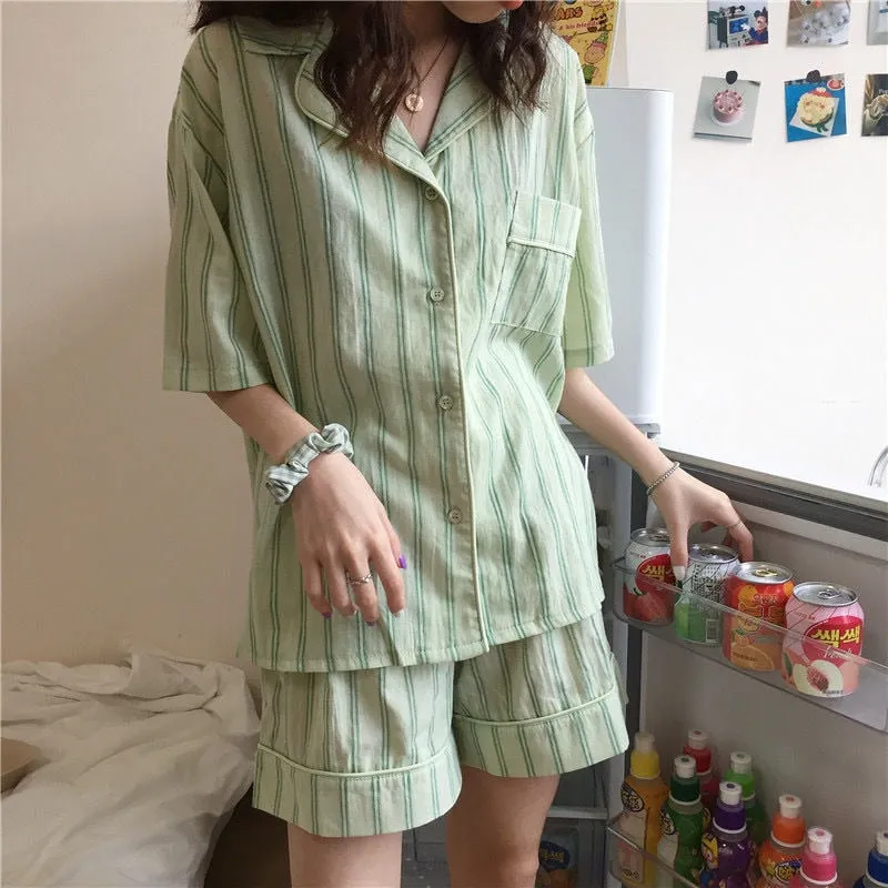 VenusFox Pajamas for Women Summer Korean Sweet Sleepwear Girls Striped Lapel Home Clothes Kawaii Plus Size Loose Ladies Set