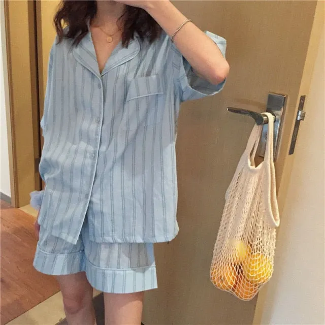VenusFox Pajamas for Women Summer Korean Sweet Sleepwear Girls Striped Lapel Home Clothes Kawaii Plus Size Loose Ladies Set