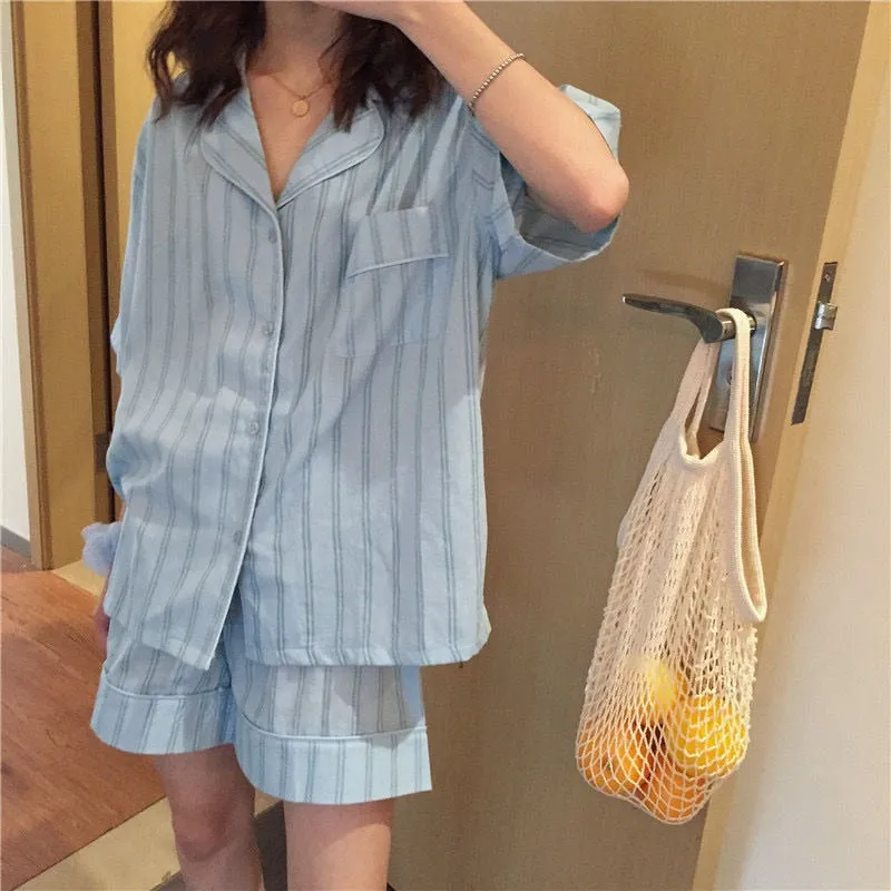 VenusFox Pajamas for Women Summer Korean Sweet Sleepwear Girls Striped Lapel Home Clothes Kawaii Plus Size Loose Ladies Set