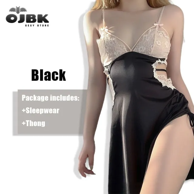 VenusFox Sexy Onepiece Dress For Women V-Neck Lace Lingerie Female Pink Black Flower Perspective Temptation Sling Nightgown 2021 New