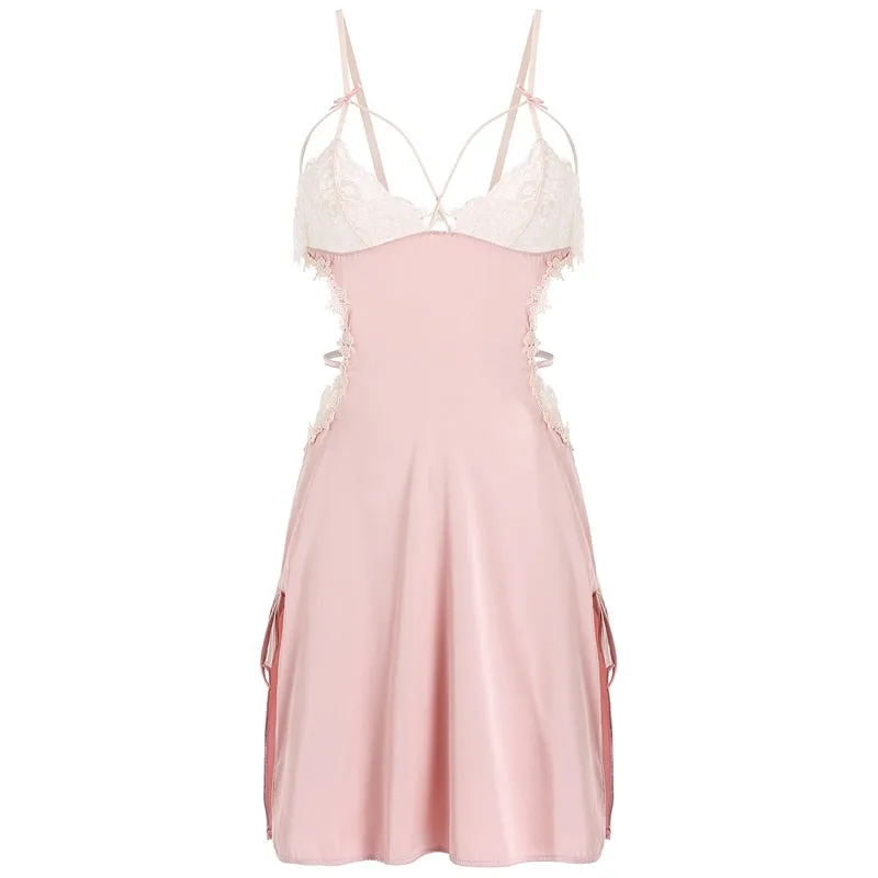 VenusFox Sexy Onepiece Dress For Women V-Neck Lace Lingerie Female Pink Black Flower Perspective Temptation Sling Nightgown 2021 New