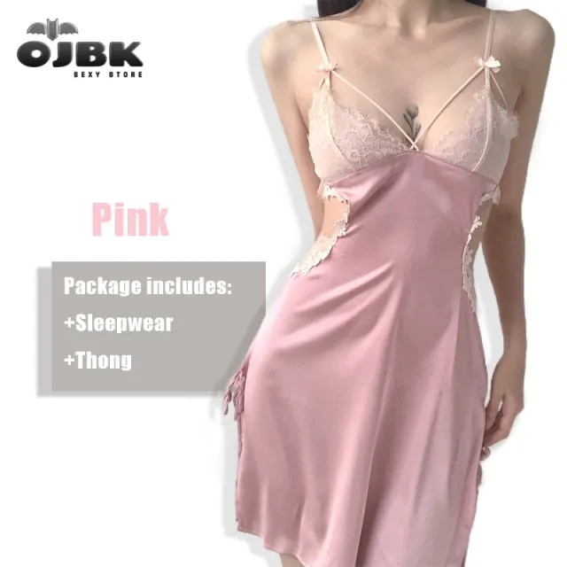 VenusFox Sexy Onepiece Dress For Women V-Neck Lace Lingerie Female Pink Black Flower Perspective Temptation Sling Nightgown 2021 New