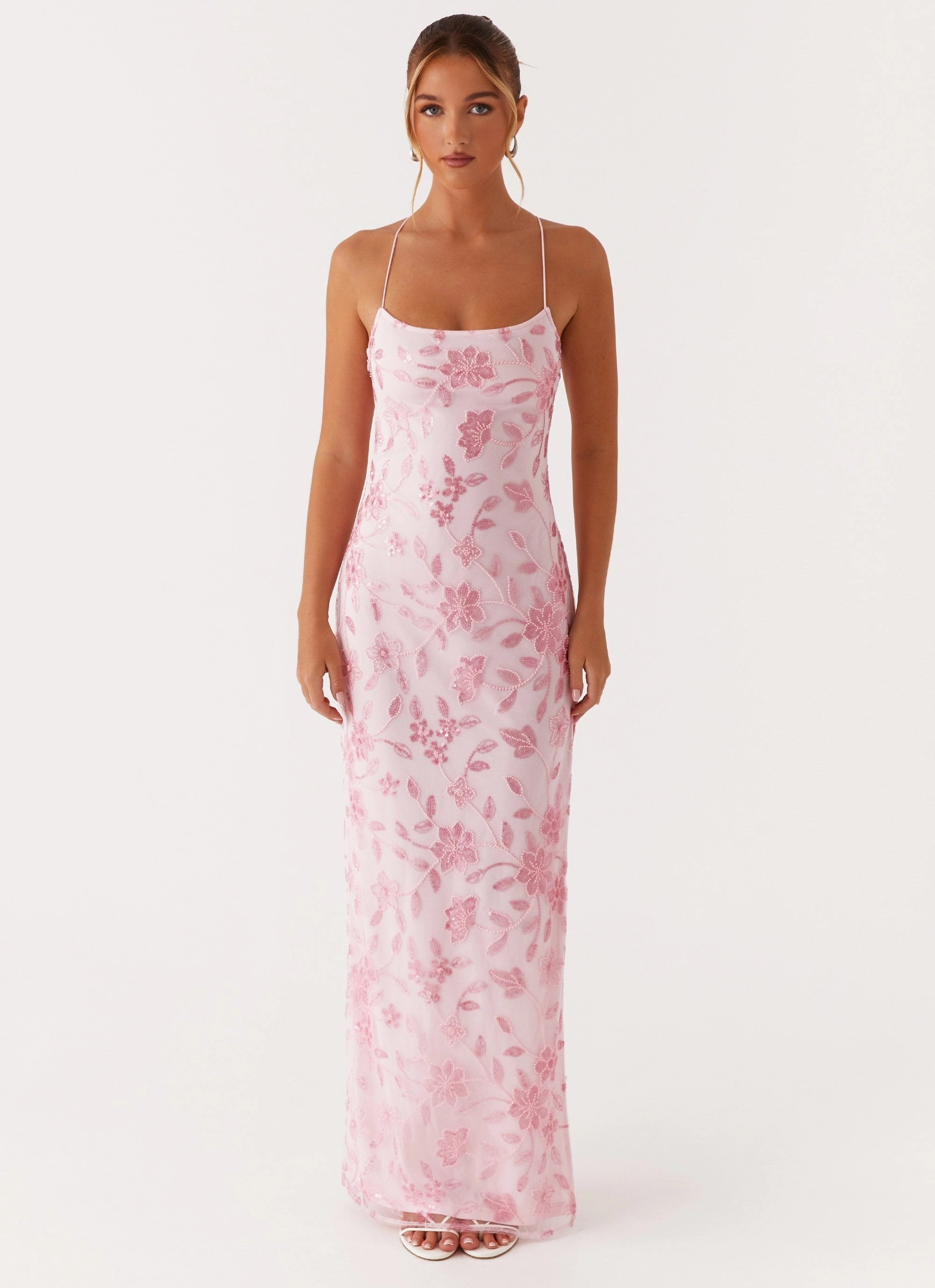 Shirred-Detail Breezy Style Bright Lights Beaded Maxi Dress - Pink