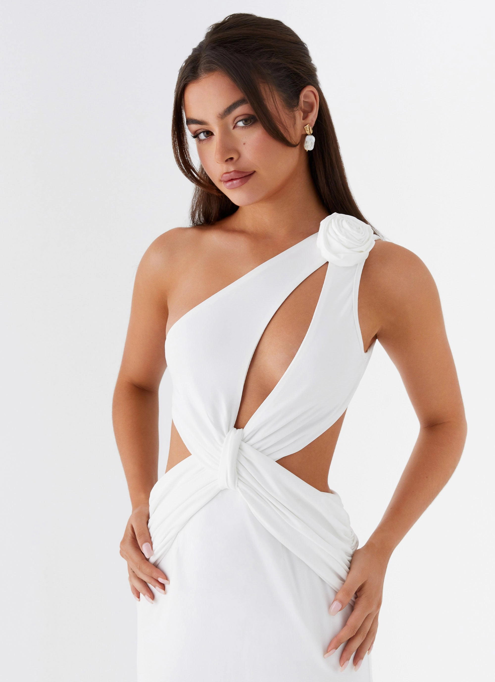 Ruched-Detail Earth-Tone Lovesome Rosa Maxi Dress - White