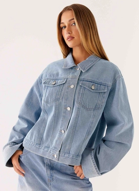 Skiing Chilly Day Back Again Oversized Denim Jacket - Light Wash Blue