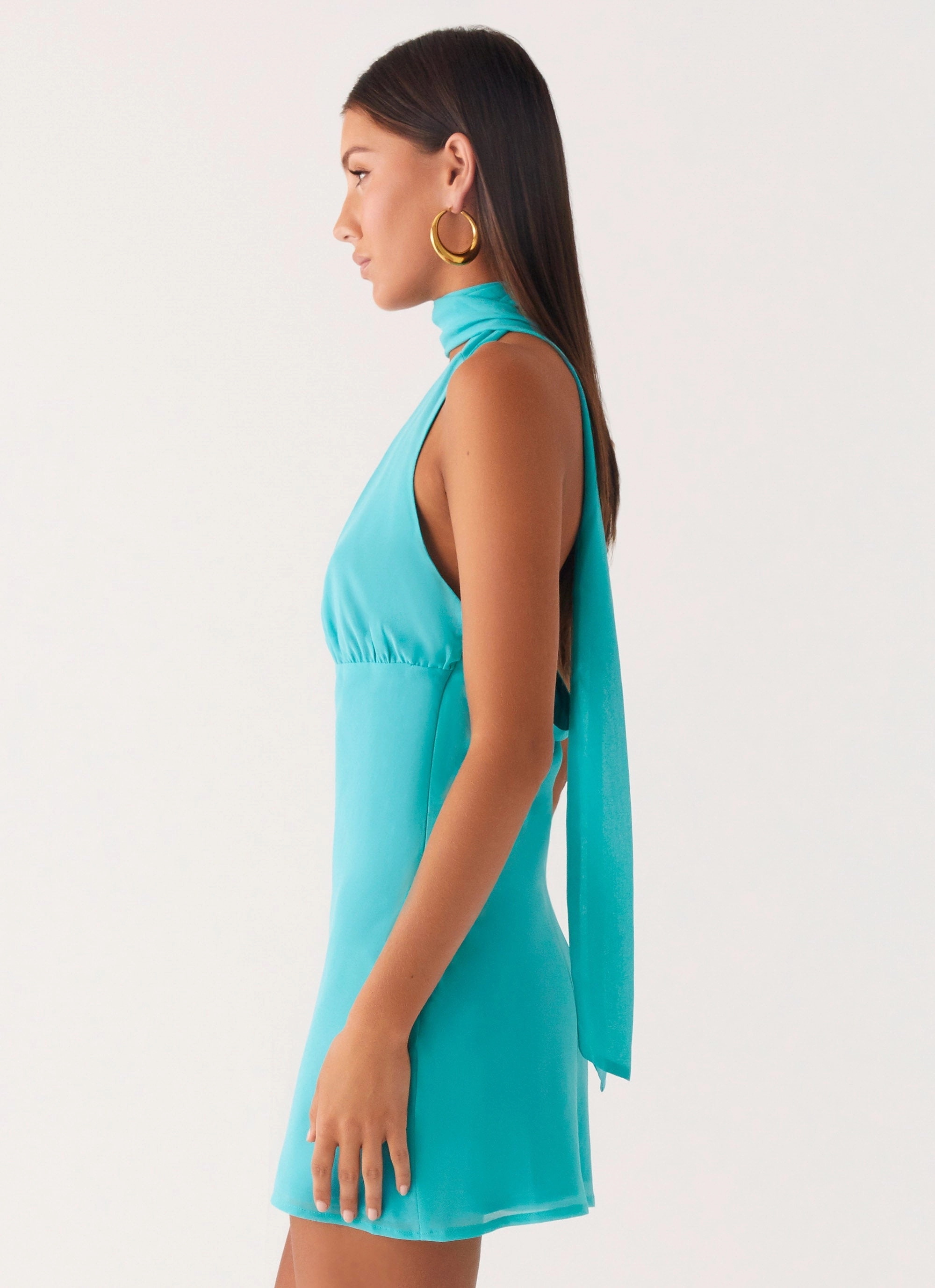 Polite Vibe Melisande Scarf Neck Mini Dress - Aqua Blue