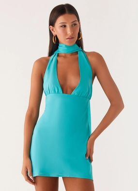 Melisande Scarf Neck Mini Dress - Aqua Blue Subtle Lines