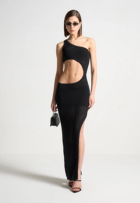 Asymmetric Crochet Knit Cut Out Maxi Dress - Black garden party Chic Wear