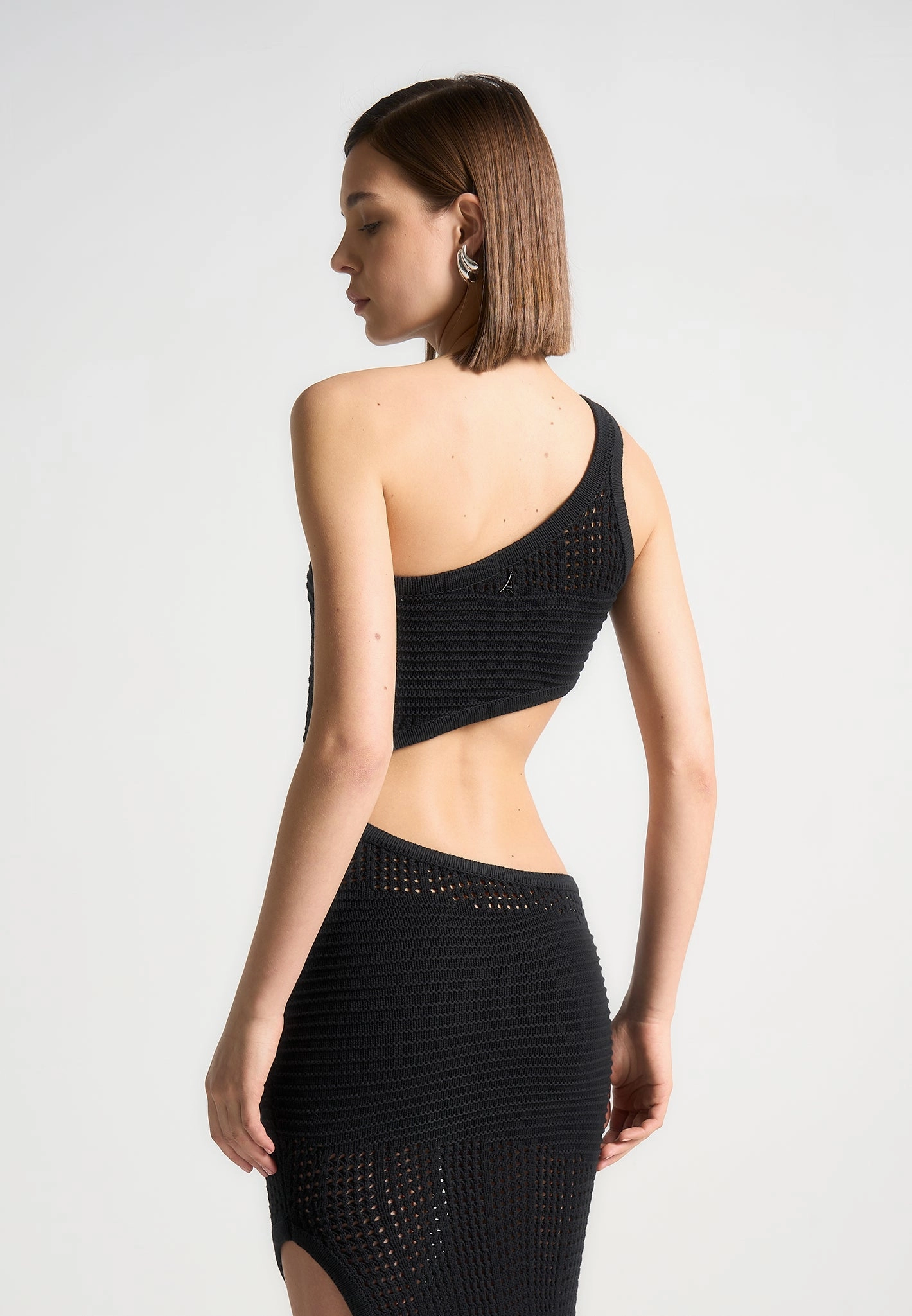 Weekend Chic Asymmetric Crochet Knit Cut Out Maxi Dress - Black
