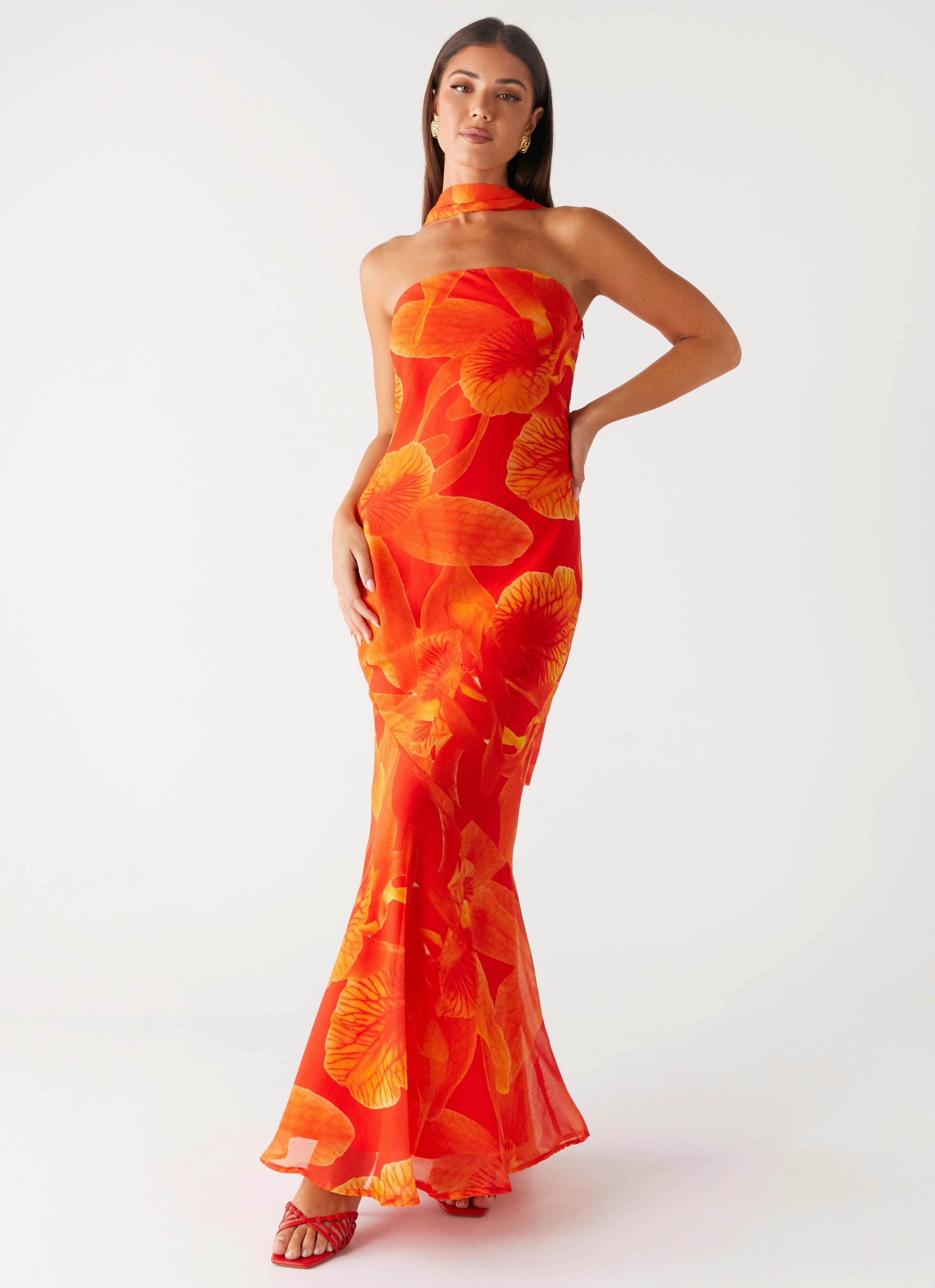 Under The Pagoda Maxi Dress - Orange Floral Soft Fit Wear Rhinestone-Detail