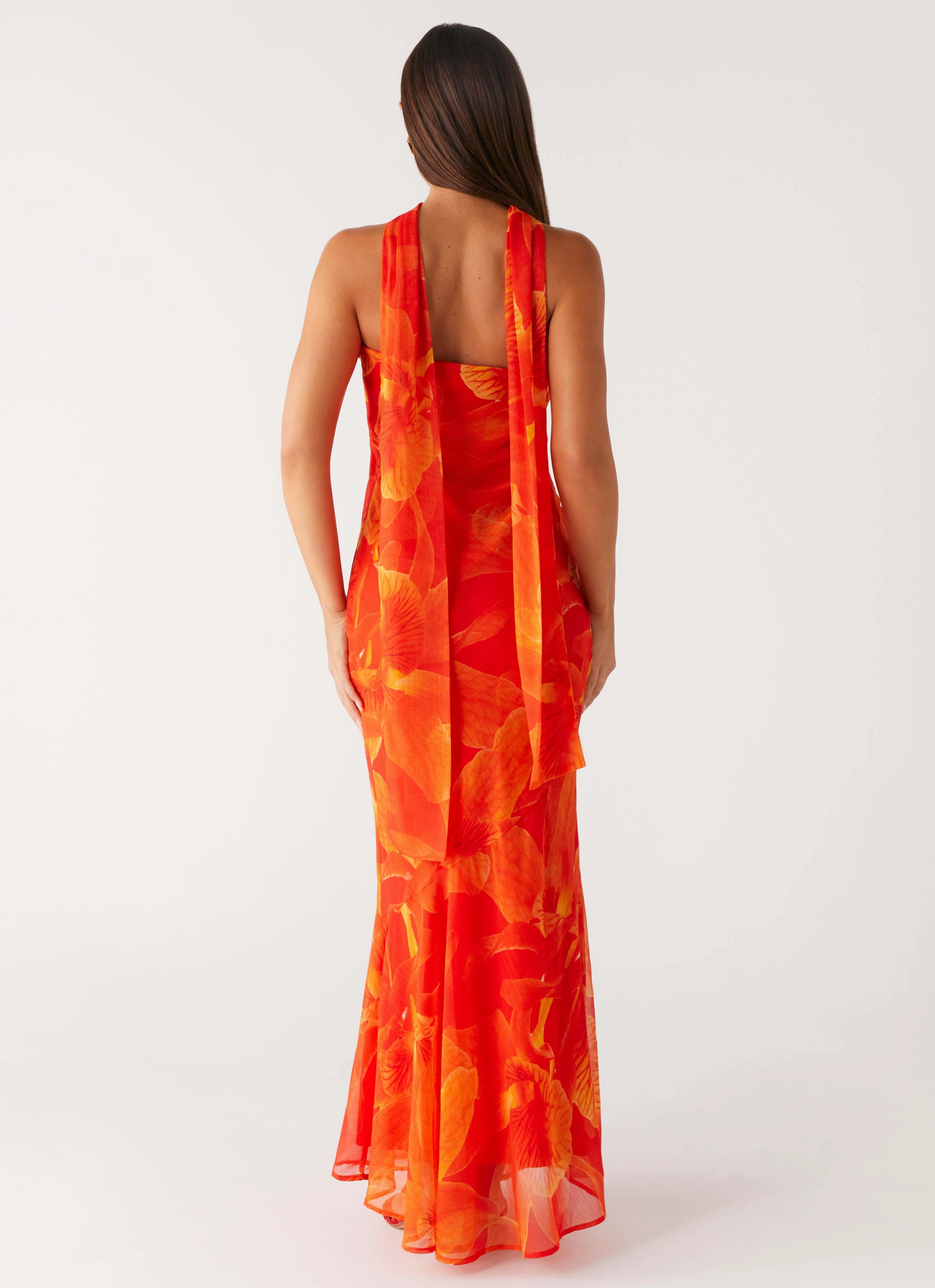 High-Neck Natural Form Under The Pagoda Maxi Dress - Orange Floral