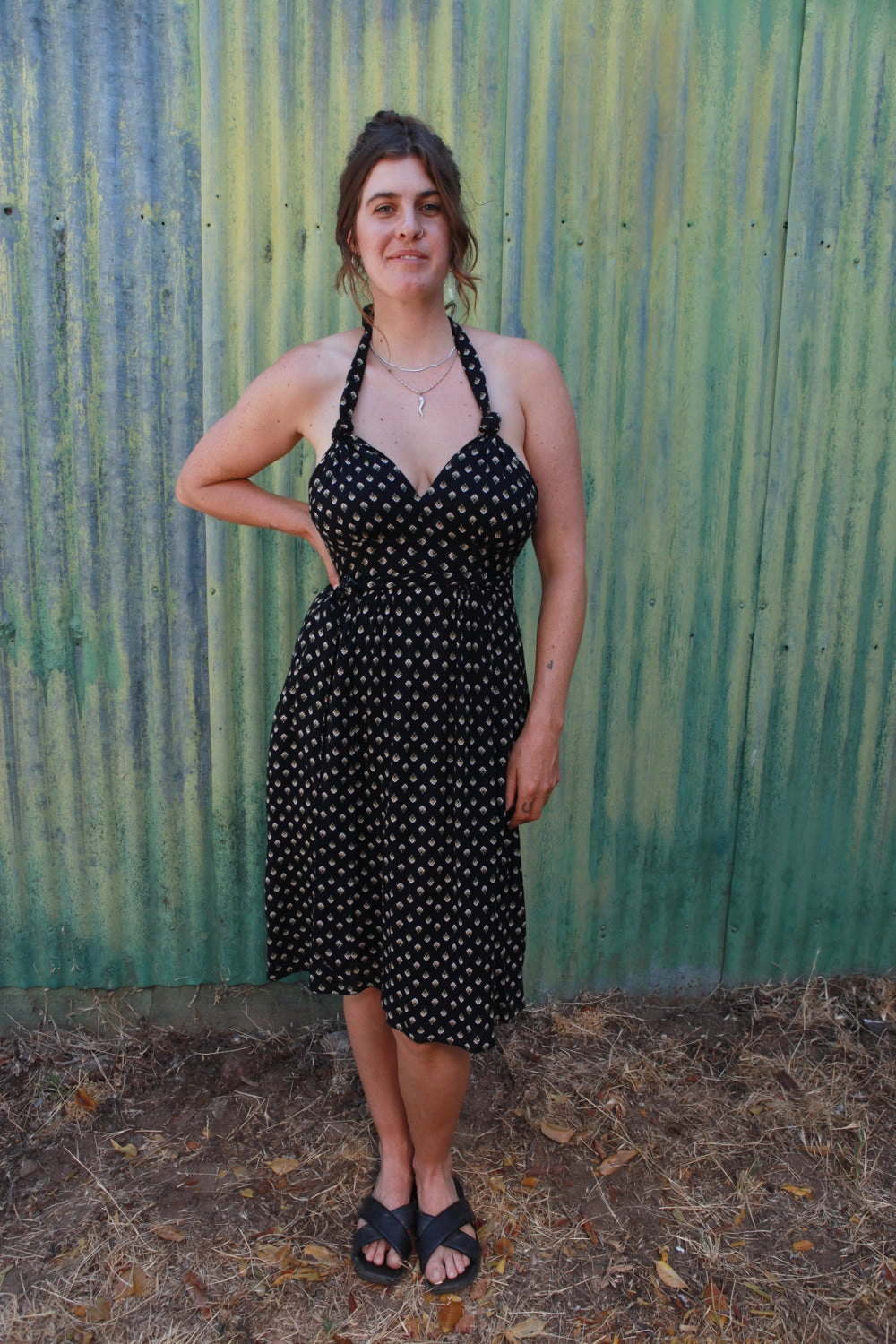 Monroe Dress in Black Blossom Crepe Halter-Neck