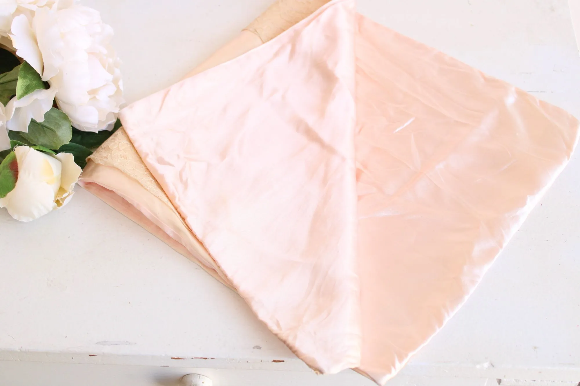 Vintage 1950s 1960s Pink Silk Satin and Lace Pillowcase