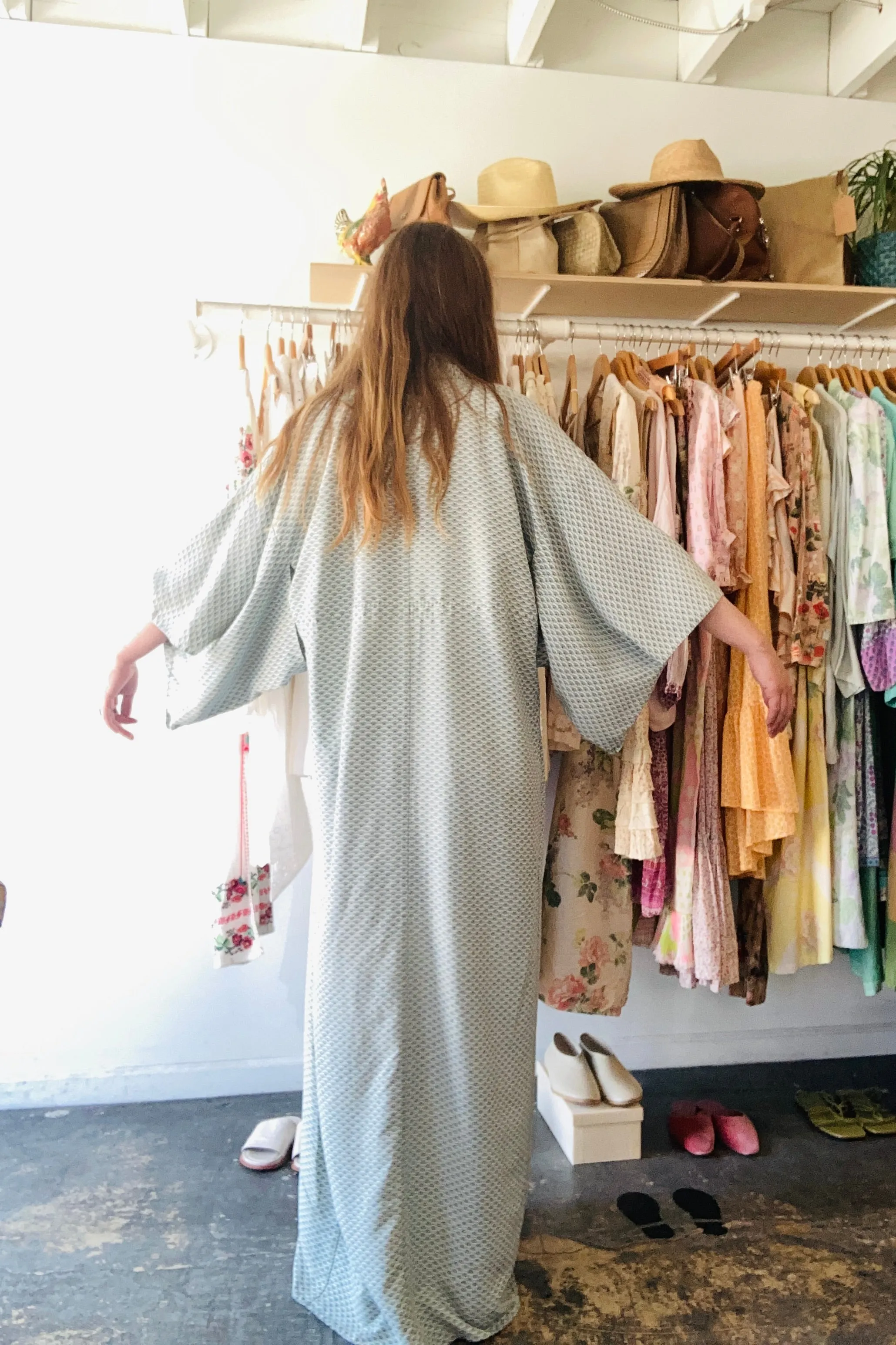 Vintage Blue and White Extra Long Silk Kimono