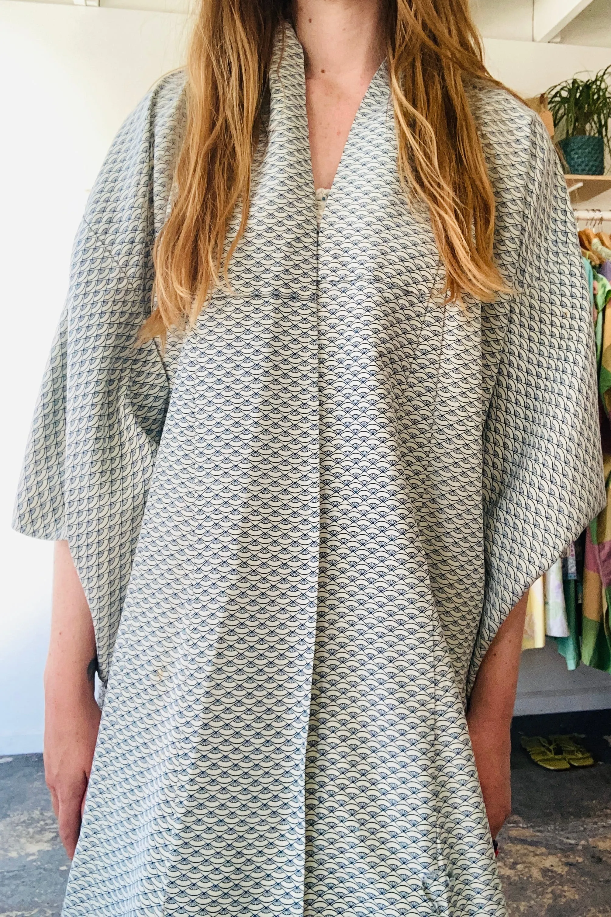 Vintage Blue and White Extra Long Silk Kimono
