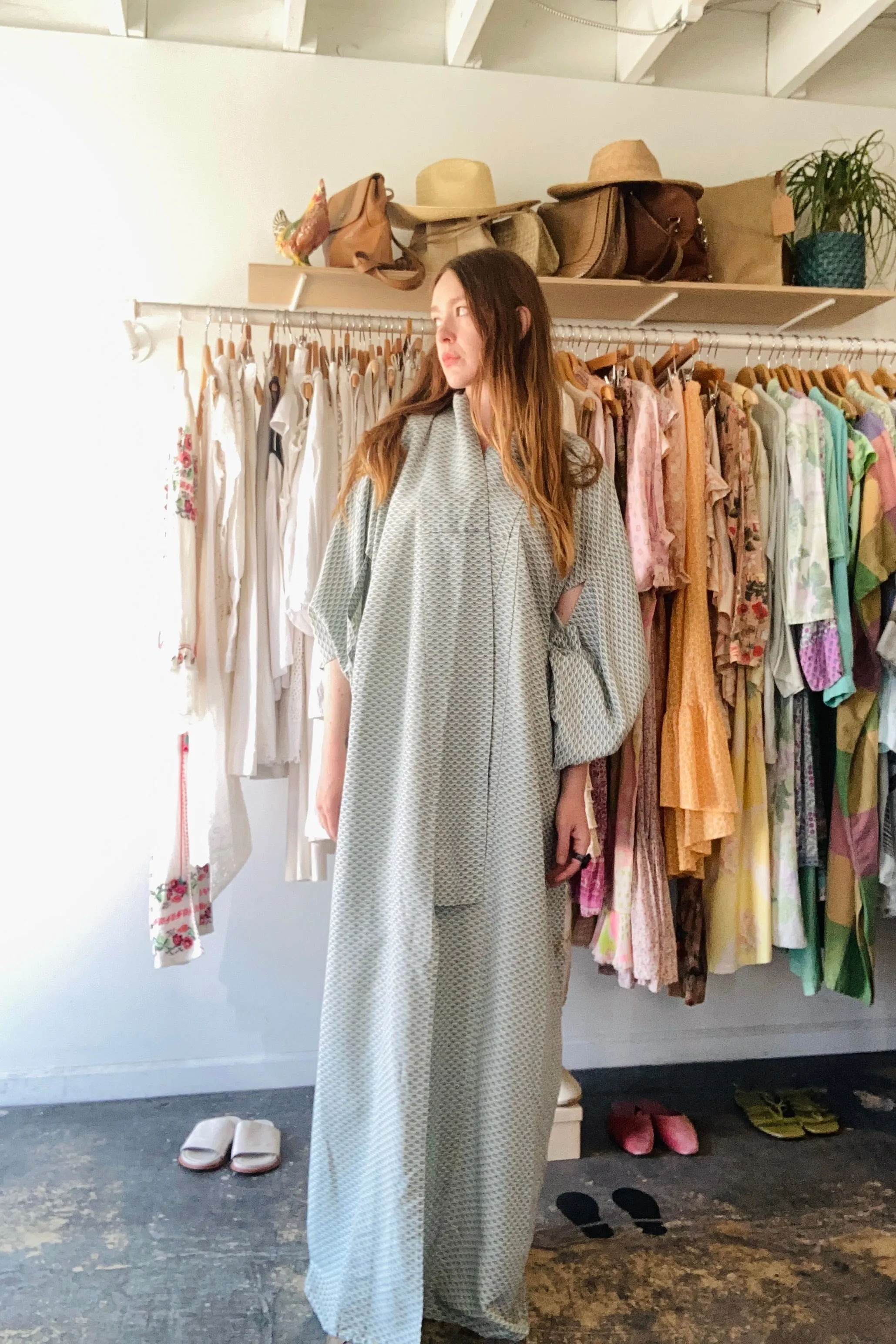 Vintage Blue and White Extra Long Silk Kimono