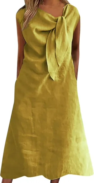 Vintage Cotton Linen Sundress for Women Crew Neck Sleeveless Pleated Long Midi Dresses Lightweight Beach Tank Dress
