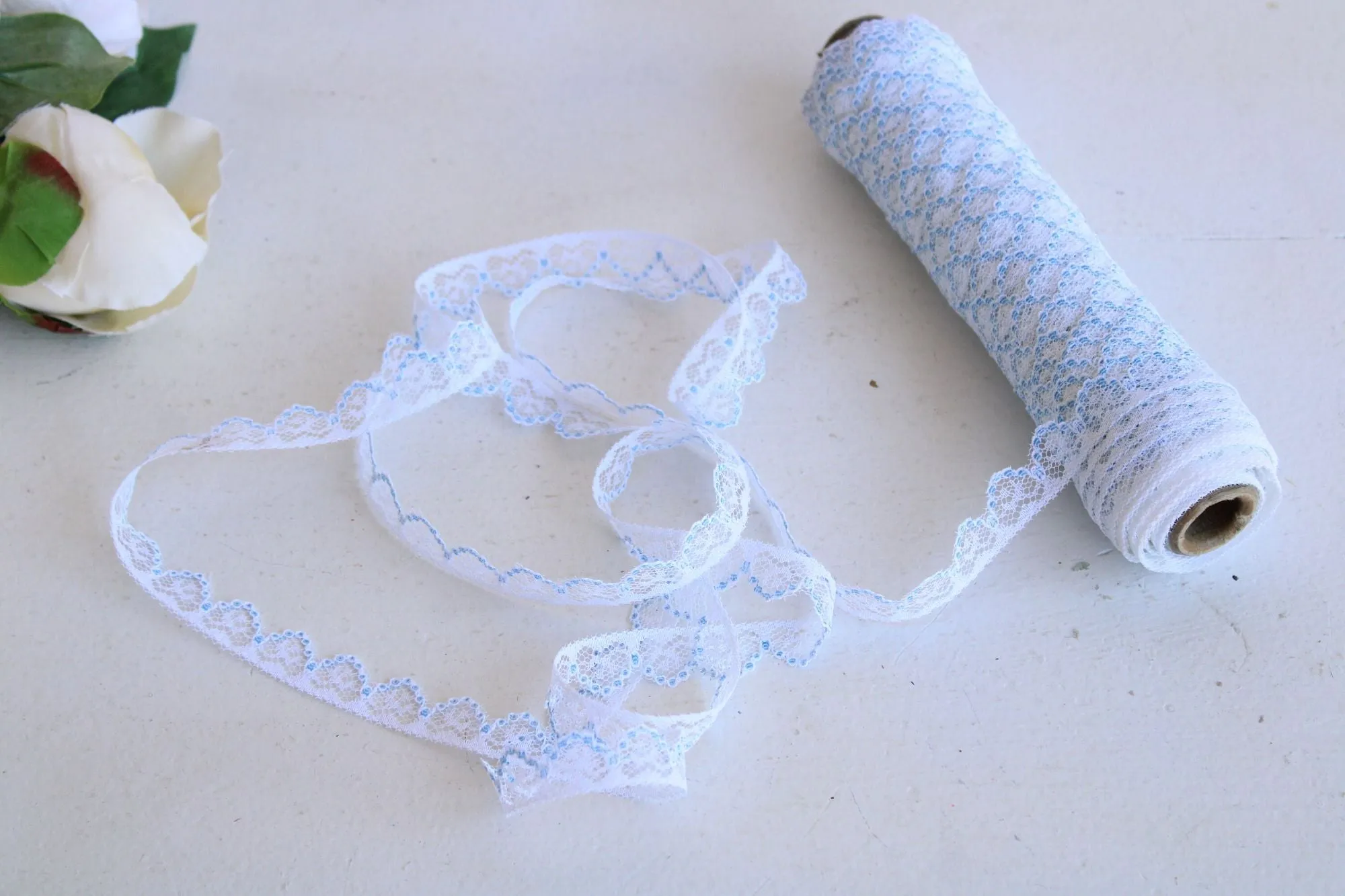Vintage Lace Trim, White and Blue,  7/16" wide 2 yards
